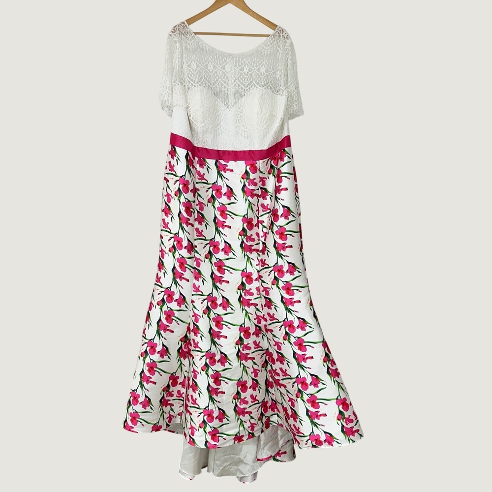 Mac‎ Duggal Floral Lace Evening Gown Womens 24W White Pink Short Sleeve | Formal